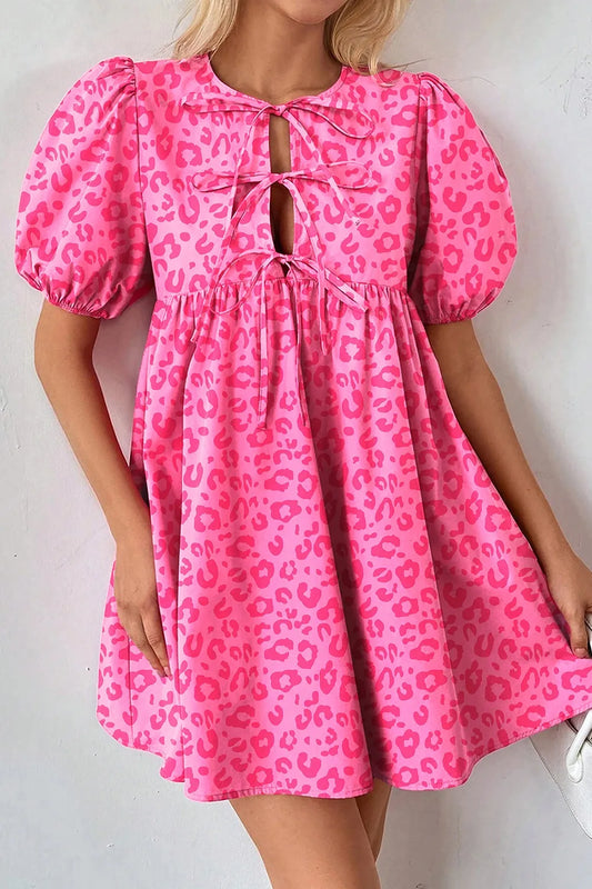 Leopard Tie Front Puff Sleeve Dress Trendsi