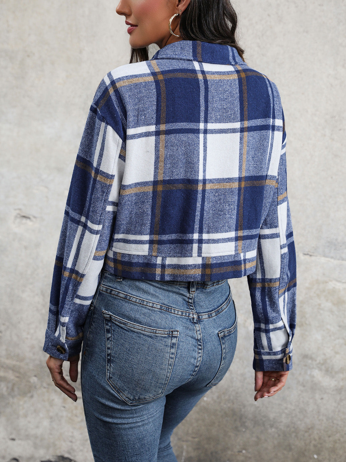 Perfee Plaid Button Up Drop Shoulder Cropped Jacket NicholesGifts