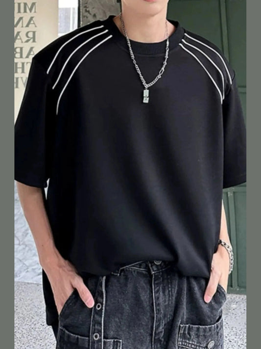 Men's Plus Size Oversized Round Neck T-Shirt with Contrast Shoulder Stripes Trendsi