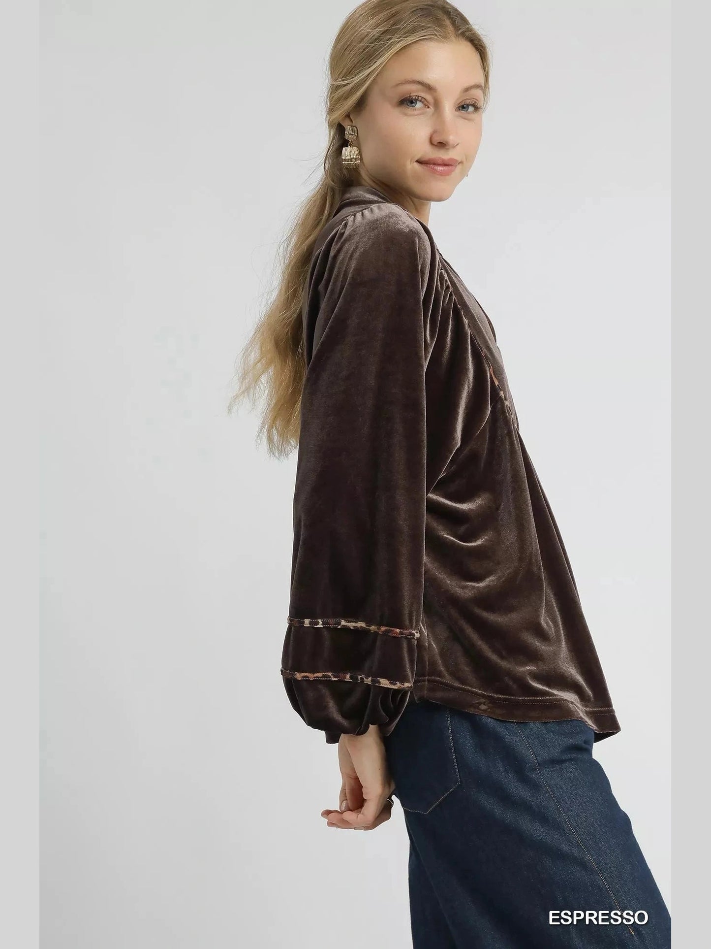 Umgee Velvet Long Sleeve Blouse with Contrast Trim Trendsi