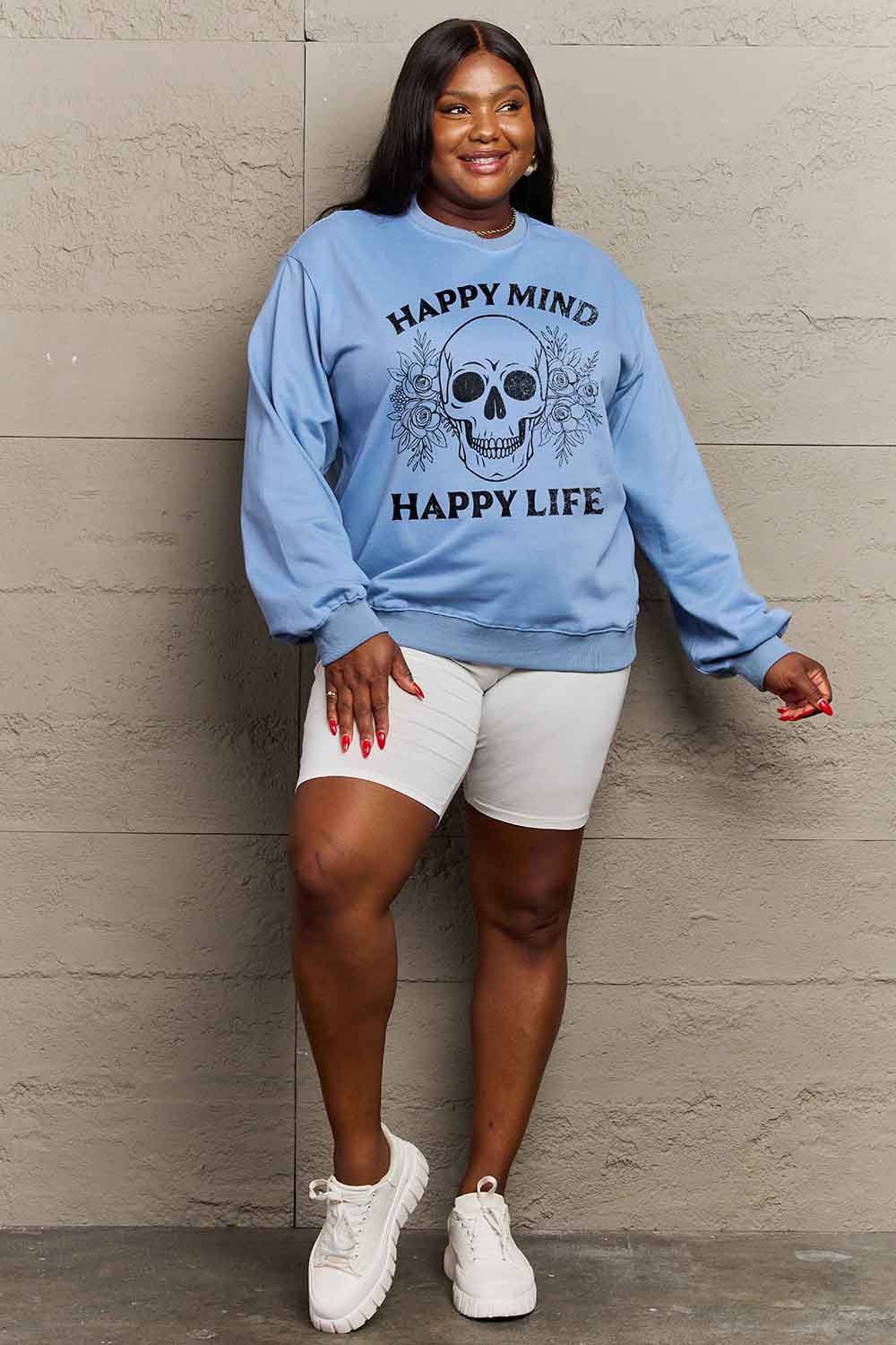 Simply Love Simply Love Full Size HAPPY MIND HAPPY LIFE SKULL Graphic Sweatshirt NicholesGifts