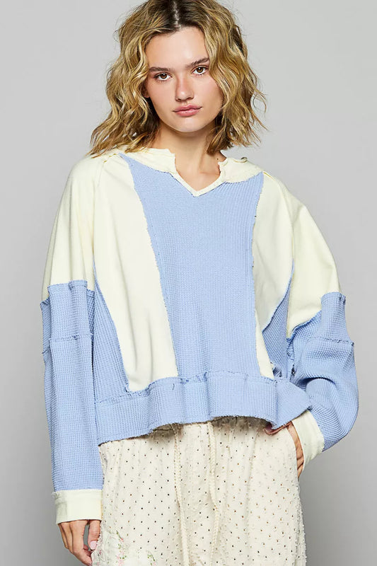 POL Color Block Waffle Knit Raw Hem Sweatshirt Trendsi