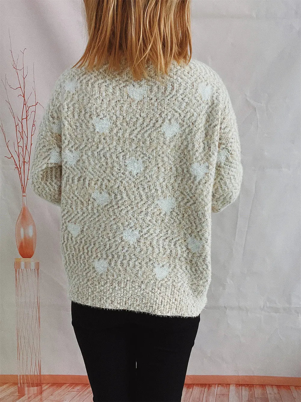 Heart Heathered Turtleneck Drop Shoulder Sweater Trendsi