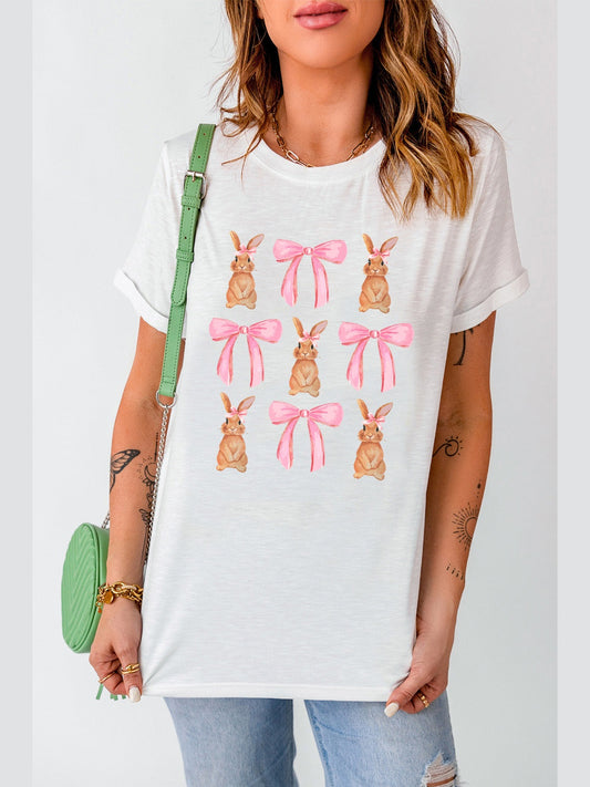 Women Rabbit & Bow Round Neck Short Sleeve Easter T-Shirt NicholesGifts