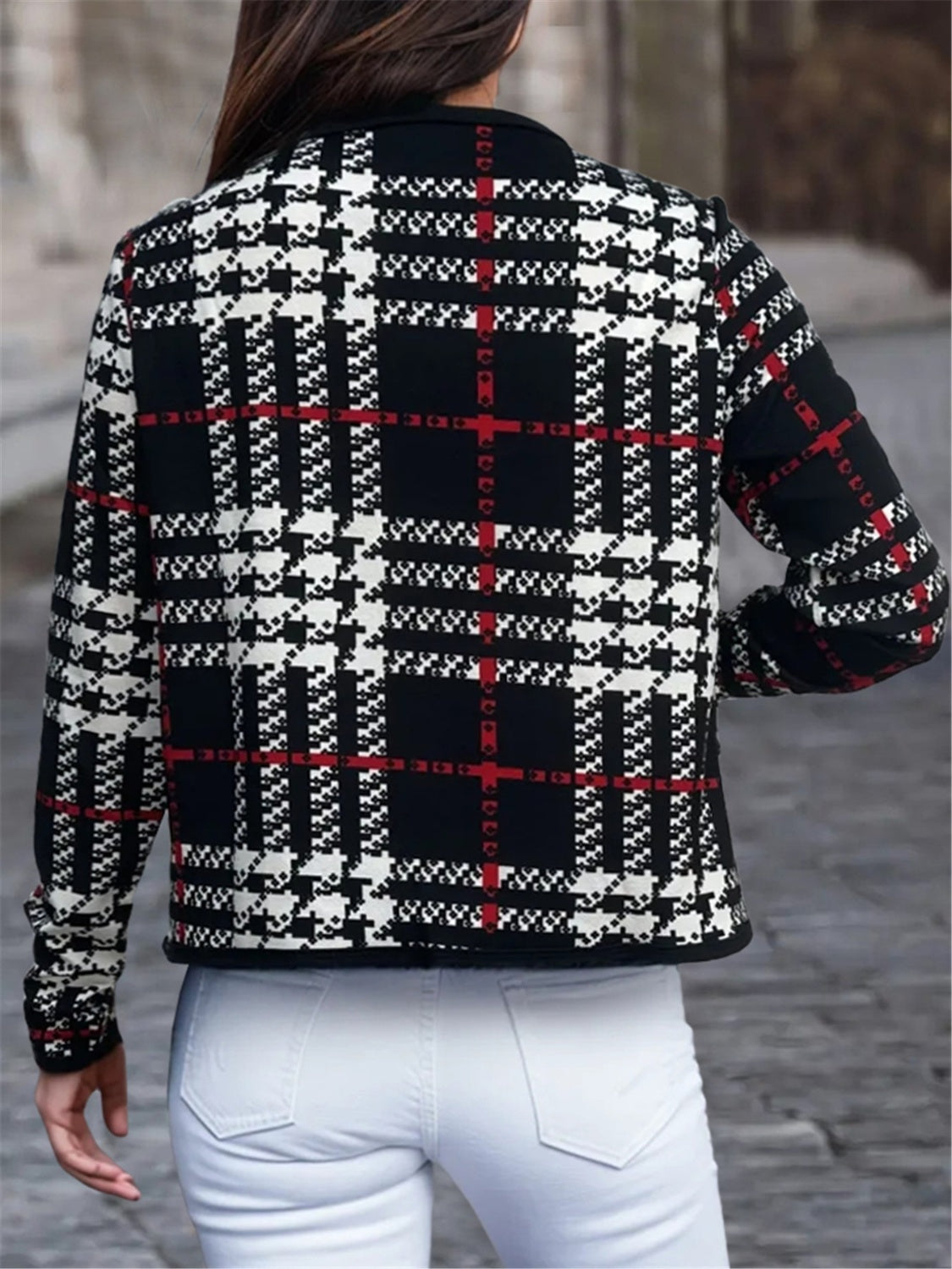 Women Plaid Open Front Long Sleeve Black Jacket NicholesGifts