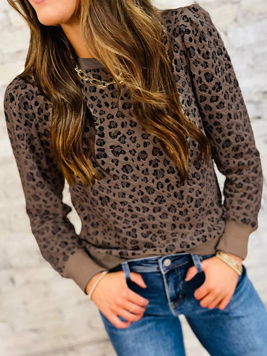 Ribbed Trim Leopard Print Long Sleeve Top NicholesGifts