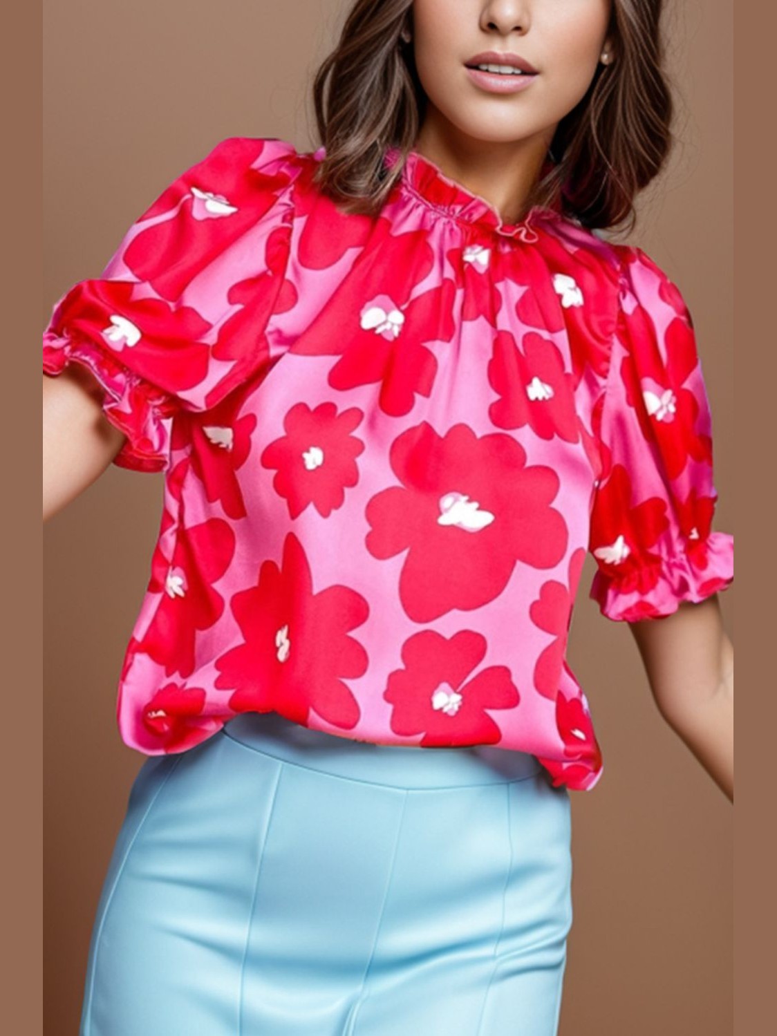Ruffled Printed Mock Neck Short Sleeve Blouse NicholesGifts