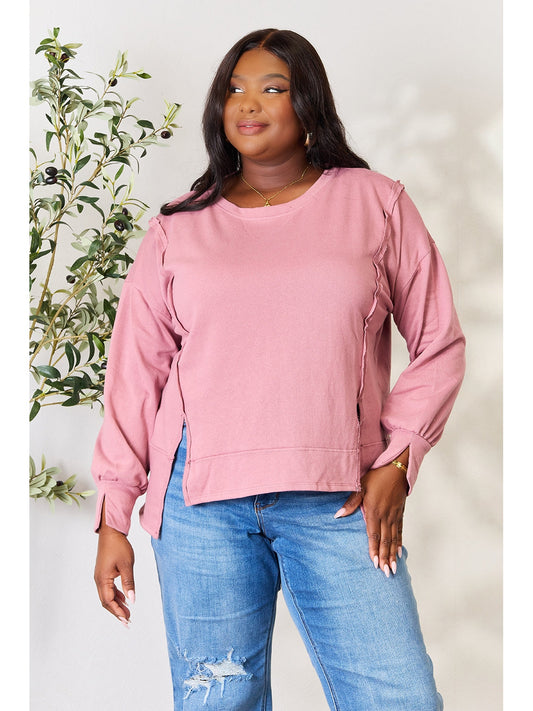 Women Culture Code Full Size Round Neck Exposed Seam Slit Top NicholesGifts