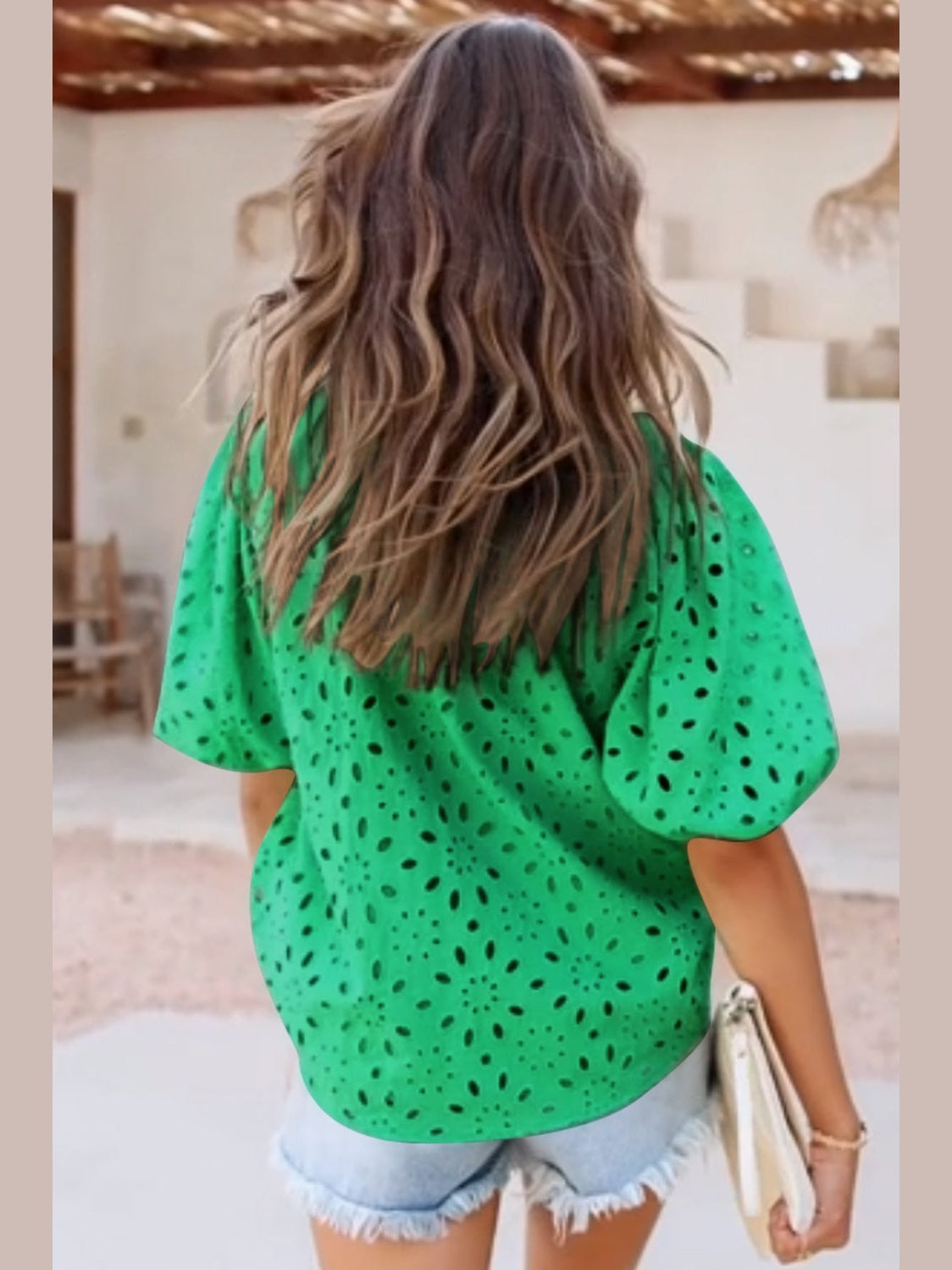 Women Eyelet Button Up Half Sleeve Blouse