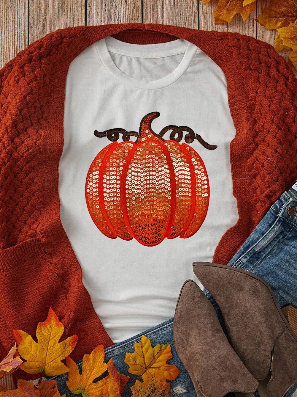 Full Size Sequin Pumpkin Round Neck Short Sleeve T-Shirt