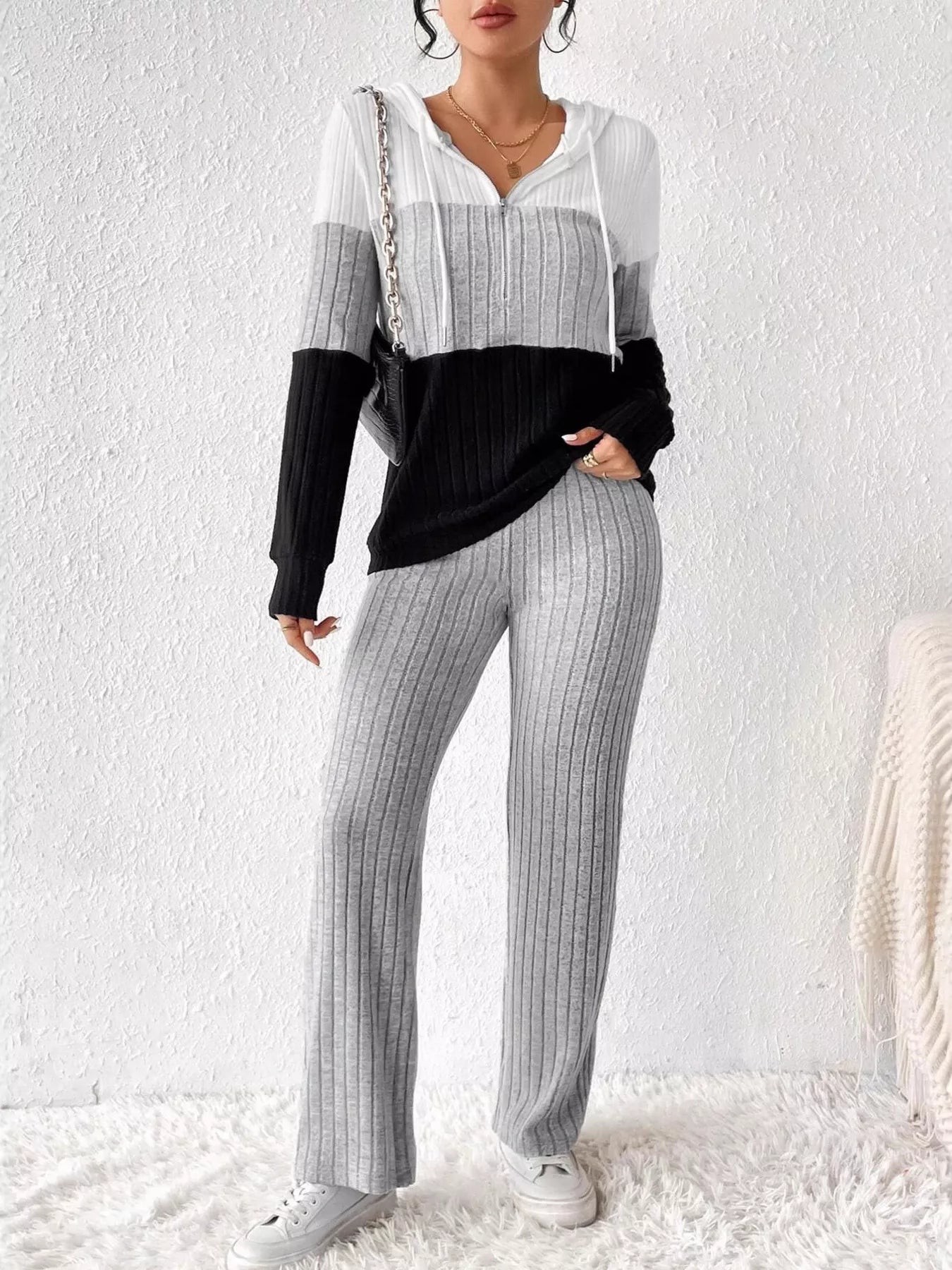 Women Color Block Half Zip Hooded Top and Pants Set NicholesGifts