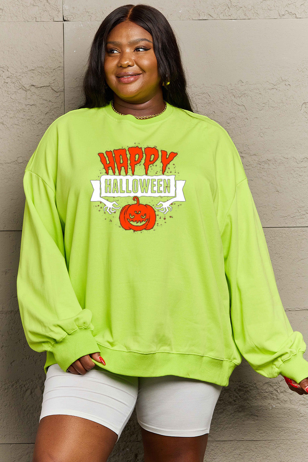 Women Simply Love Full Size Happy HAlloween Graphic Sweatshirt NicholesGifts