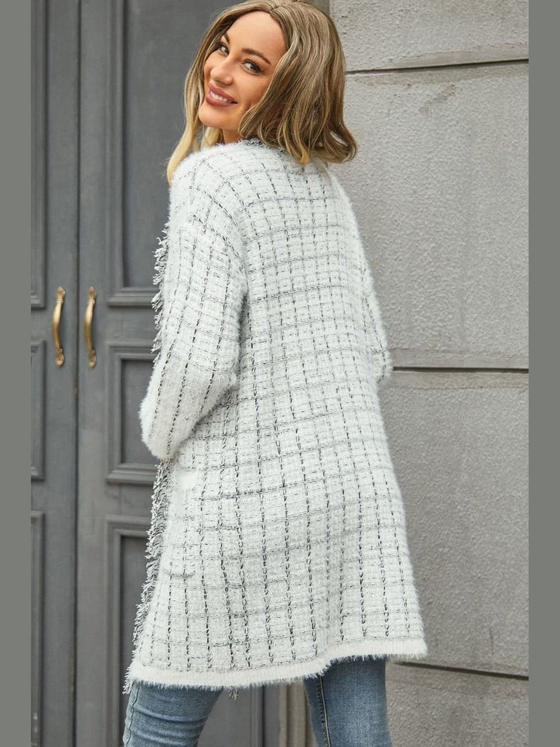 NicholesGifts Women Plaid Fringe Trim Open Front Longline Cardigan NicholesGifts