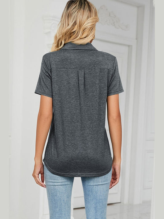Women Johnny Collar Short Sleeve Blouse nicholesgifts