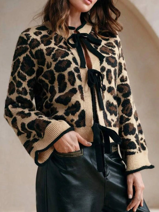 Leopard Print Bow-Tie Front Cropped Cardigan