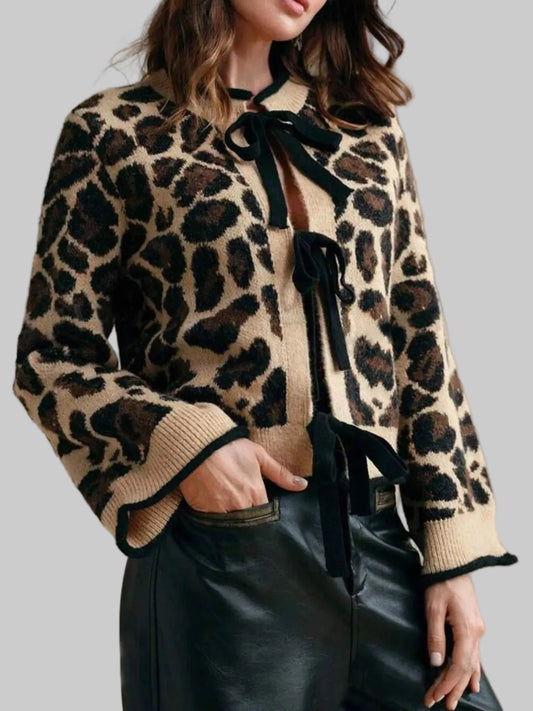 Women Leopard Print Bow-Tie Front Cropped Cardigan Sweaters nicholesgifts