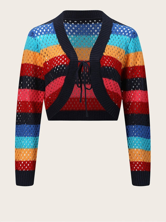 NicholesGifts Women Openwork Color Block Tied Cardigan