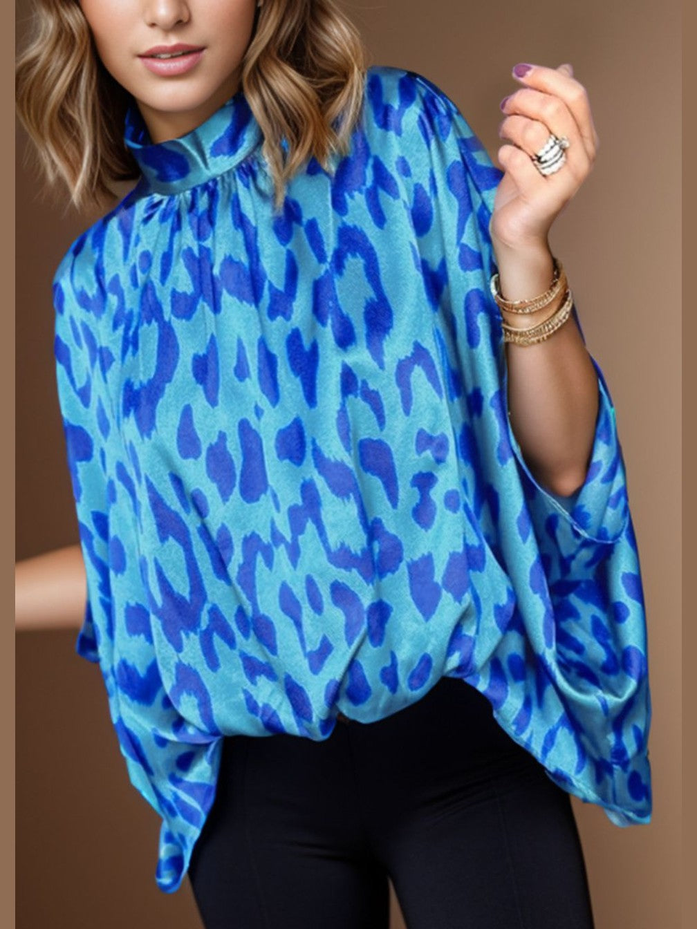 Women Printed Turtleneck Half Sleeve Blue Color Blouse NicholesGifts