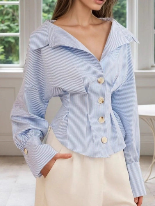 Striped Button-Up Long Sleeve Shirt Trendsi