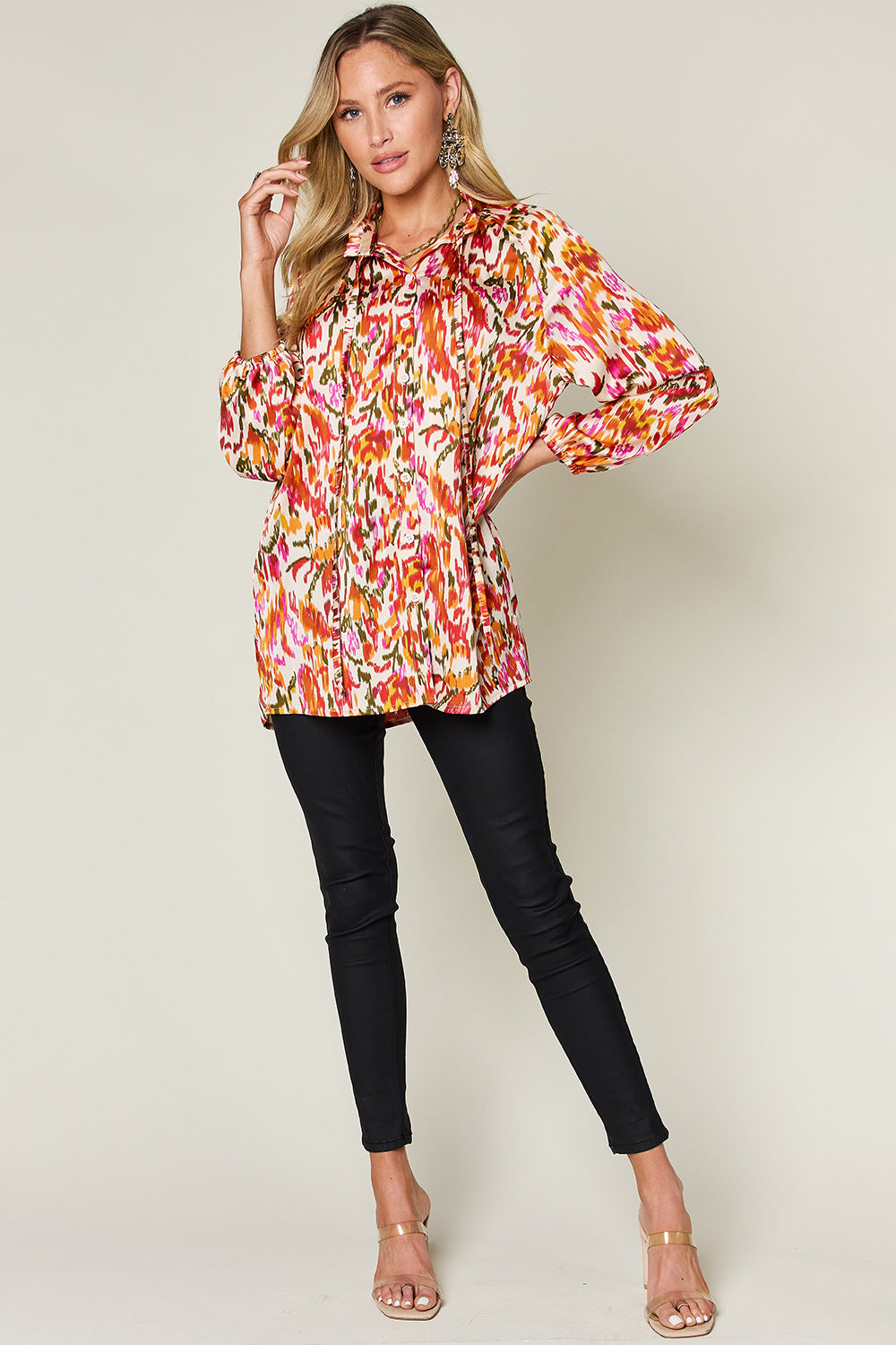 Women Double Take Full Size Printed Button Up Long Sleeve Shirt NicholesGifts
