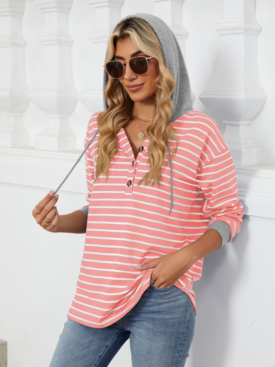 NicholesGifts Women Drawstring Striped Long Sleeve Hoodie NicholesGifts