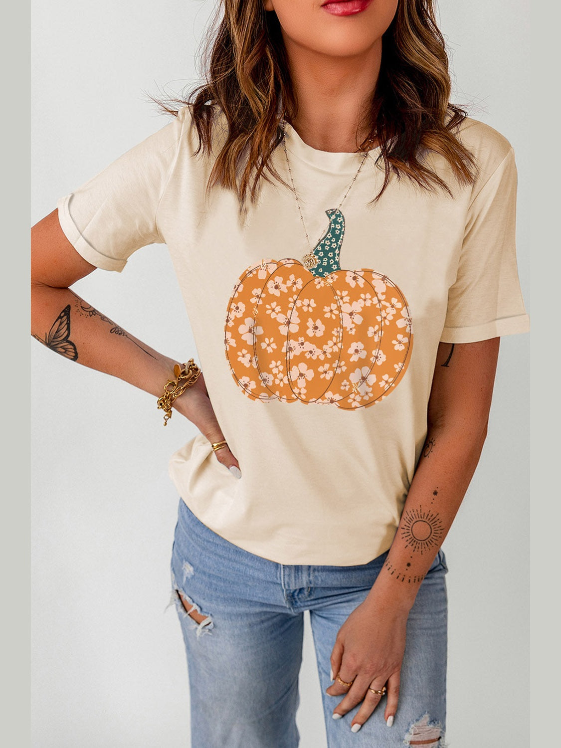 Pumpkin Graphic Round Neck Cuffed T-Shirt NicholesGifts