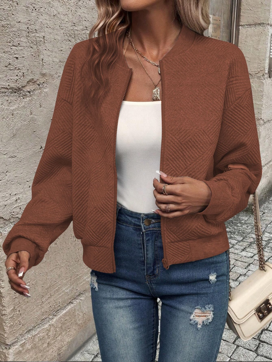 Textured Zip Up Long Sleeve Jacket NicholesGifts