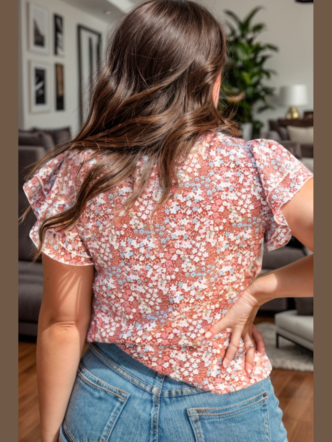 Plus Size Women Ruffled Floral Mock Neck Cap Sleeve Blouse NicholesGifts