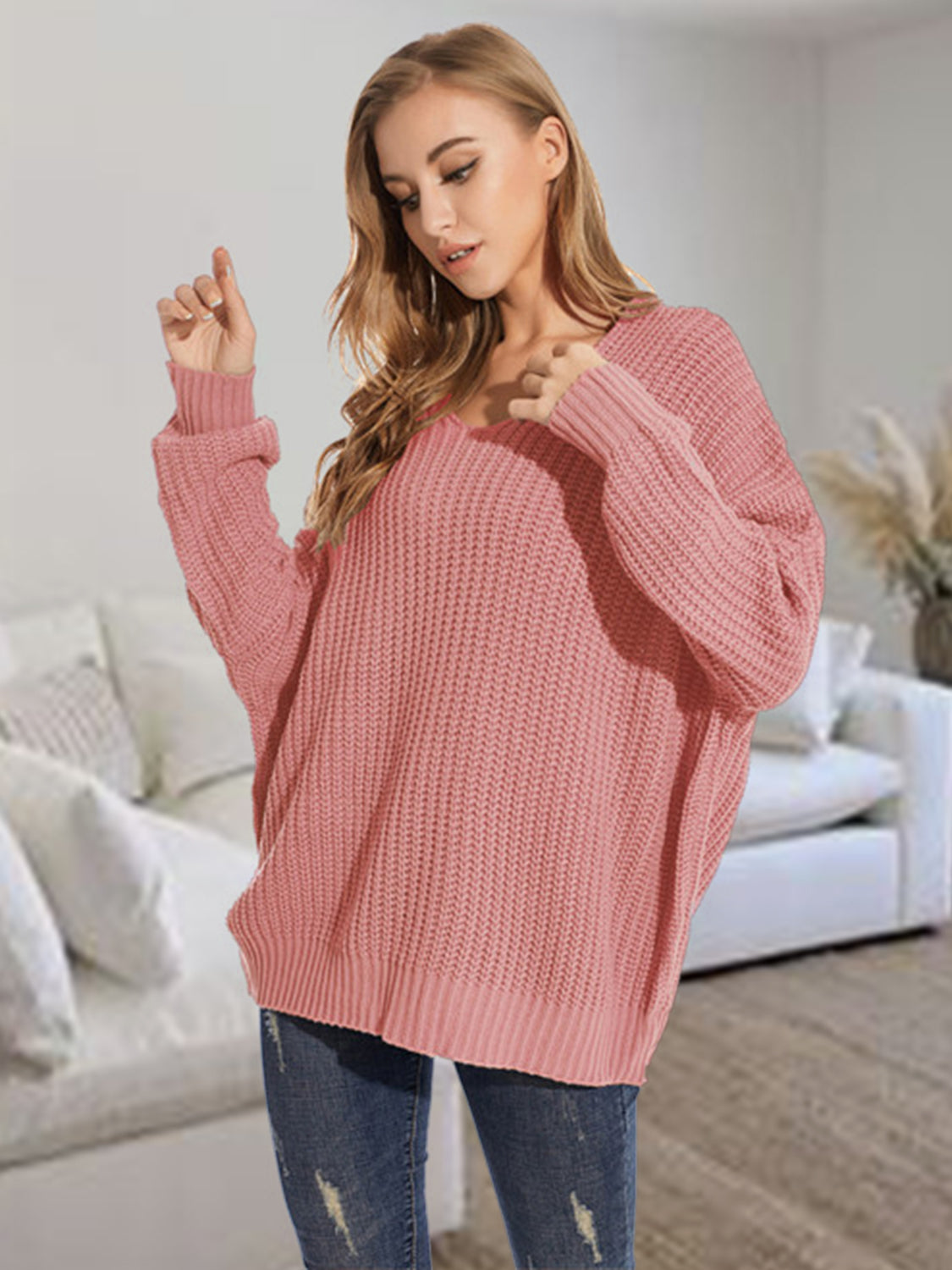 V-Neck Batwing Dropped Shoulder Sweater Trendsi
