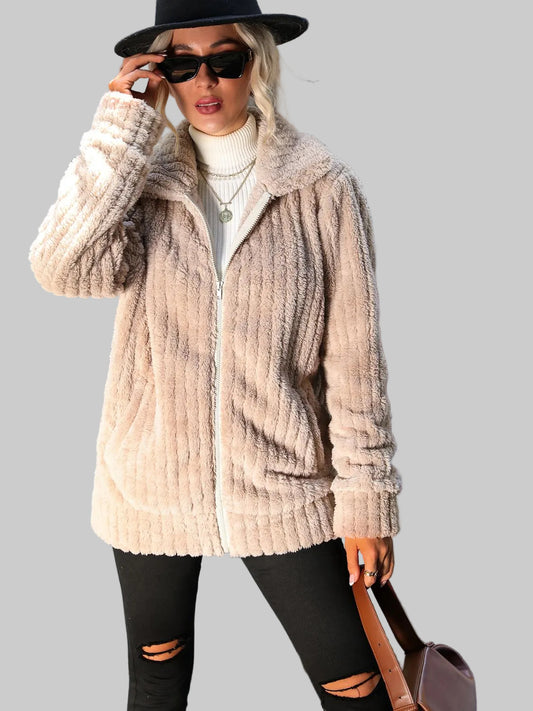 Zip-Up Collared Ribbed Jacket nicholesgifts