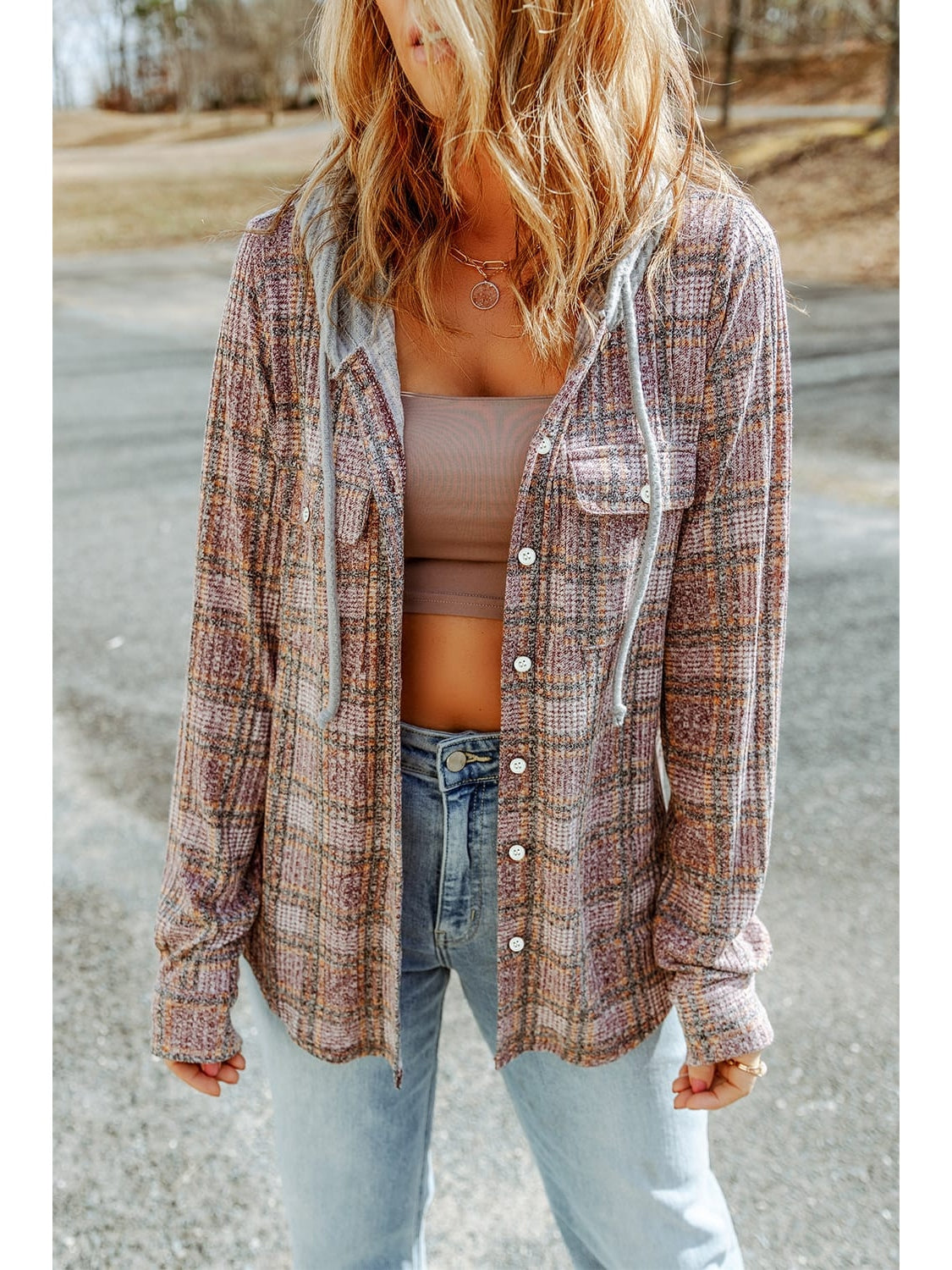 Double Take Plaid Long Sleeve Hooded Jacket NicholesGifts