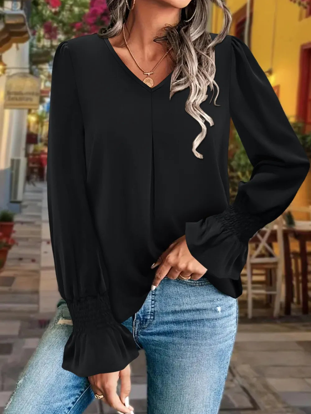 V-Neck Flounce Sleeve Blouse NicholesGifts