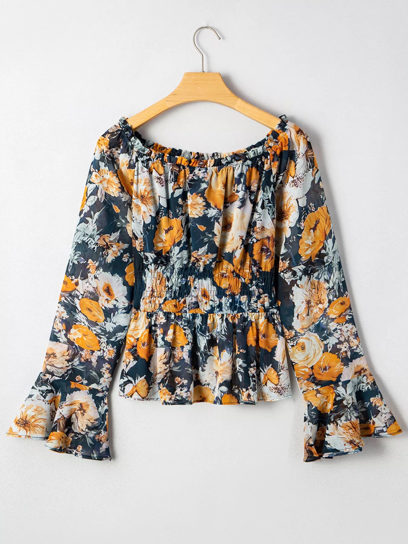 Floral Off Shoulder Bell Sleeve Smocked Peplum Top Trendsi
