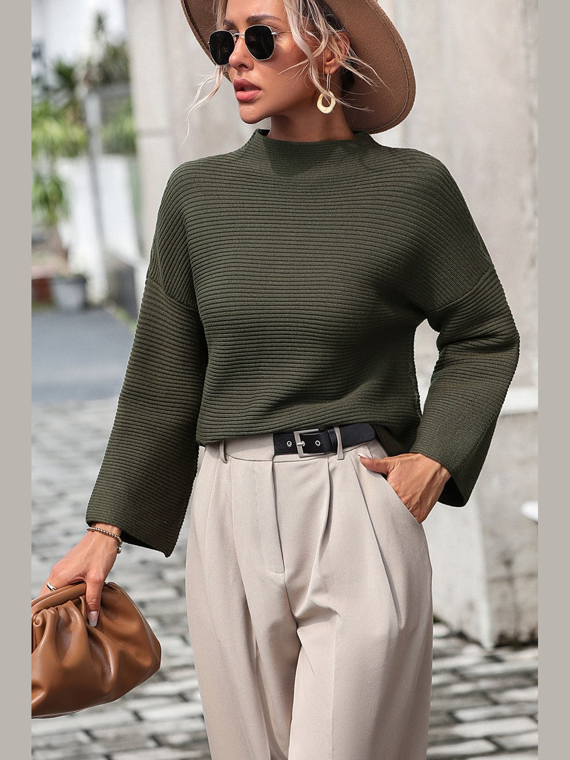 Women Mock Neck Dropped Shoulder Pullover Sweater NicholesGifts
