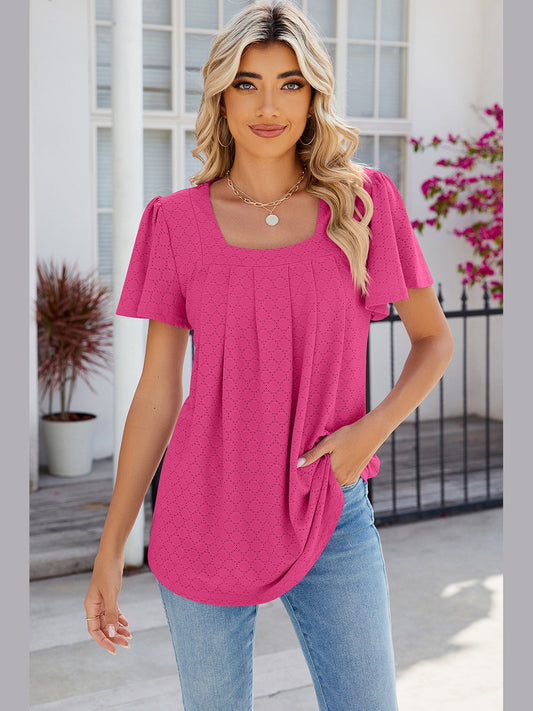 Women Eyelet Square Neck Flutter Sleeve Blouse