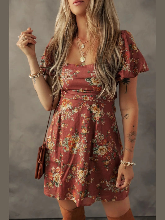 Floral Puff Sleeve Square Neck Knot Open Back Mini Dress NicholesGifts