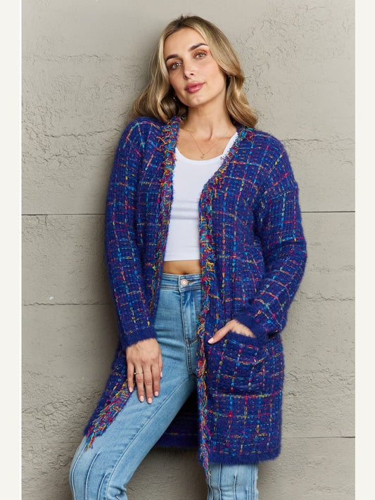 NicholesGifts Women Plaid Fringe Trim Open Front Longline Cardigan NicholesGifts