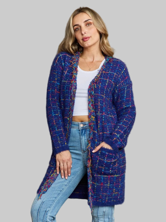 NicholesGifts Women Plaid Fringe Trim Open Front Longline Cardigan nicholesgifts