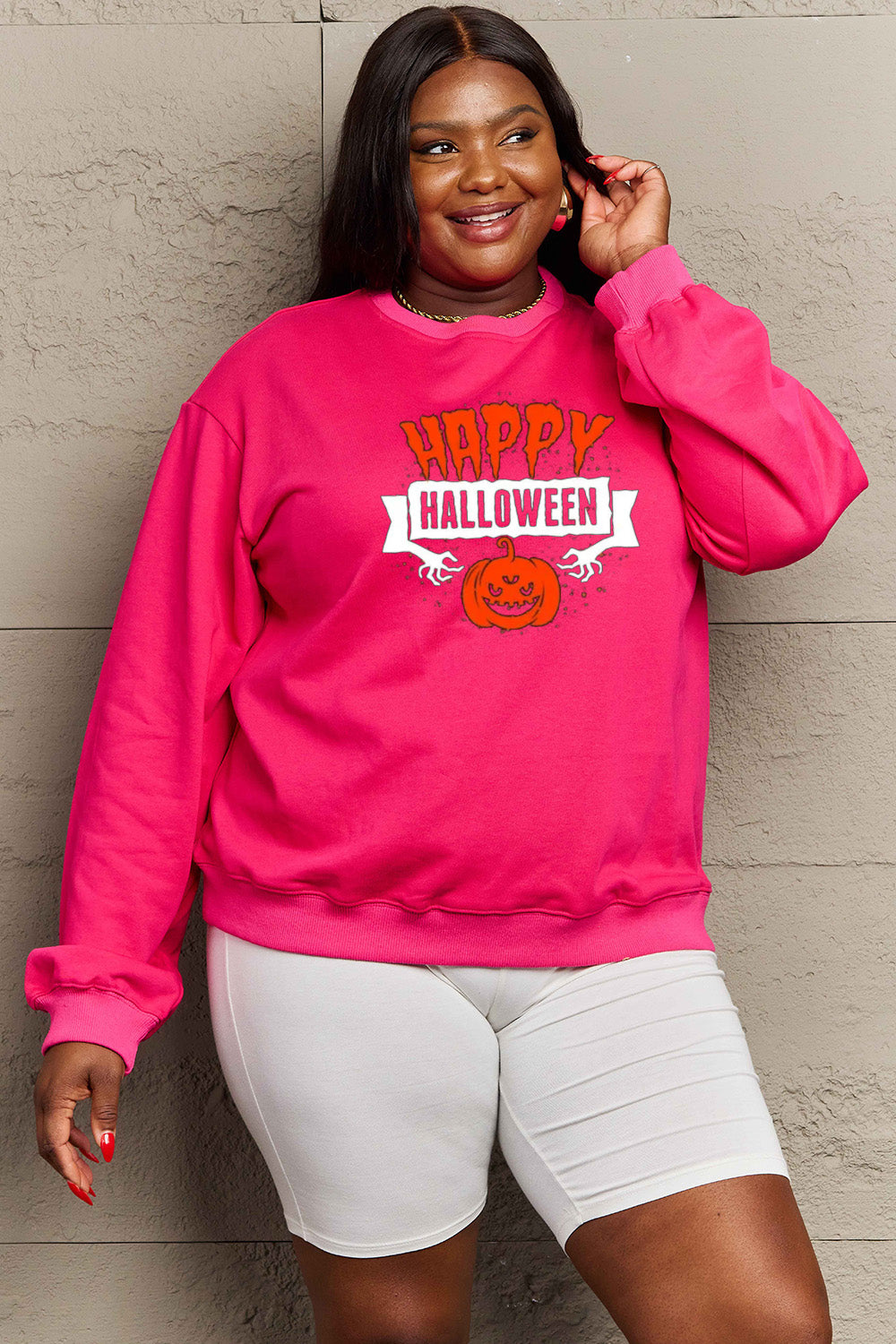 Women Simply Love Full Size Happy HAlloween Graphic Sweatshirt NicholesGifts