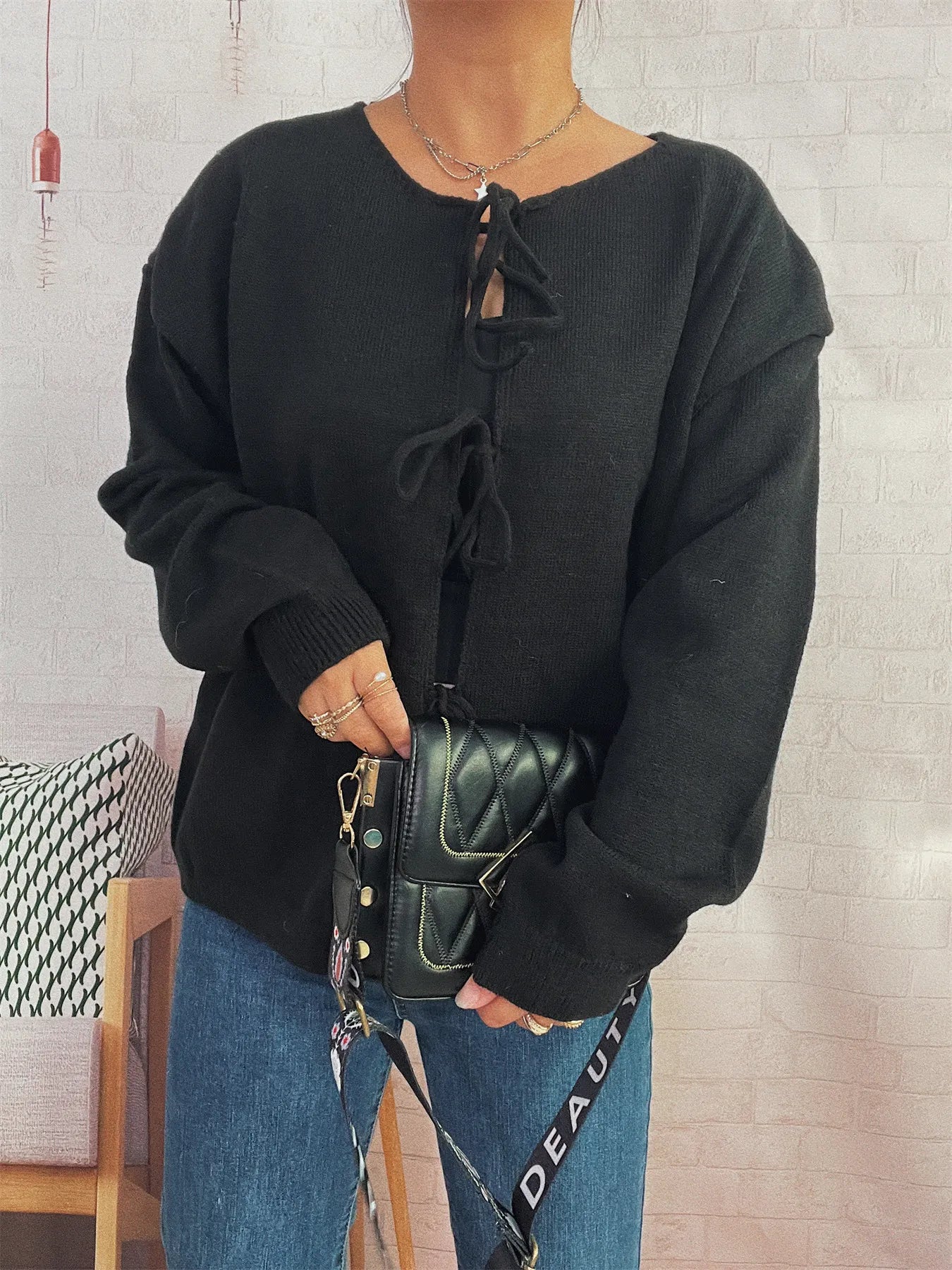 Tie Front Drop Shoulder Cardigan Trendsi