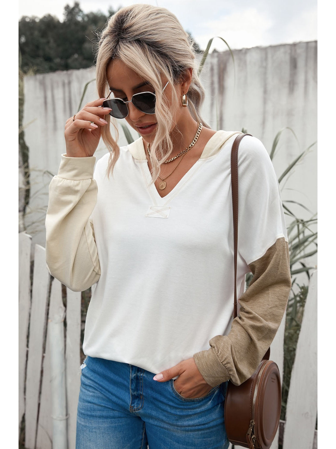 NicholesGifts Women Color Block Drop Shoulder Hoodie