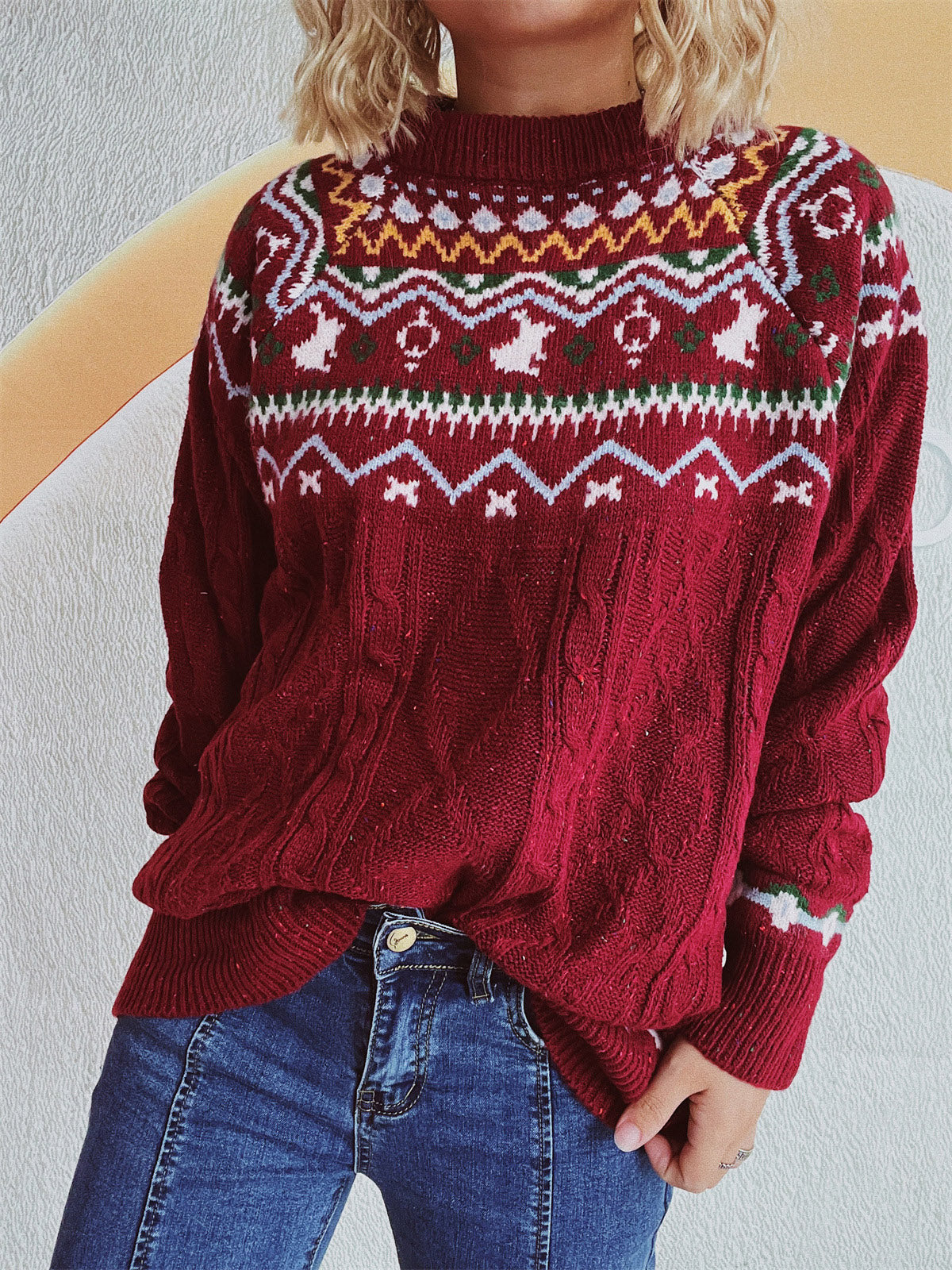 NicholesGifts Women Cable-Knit Mock Neck Long Sleeve Sweater NicholesGifts