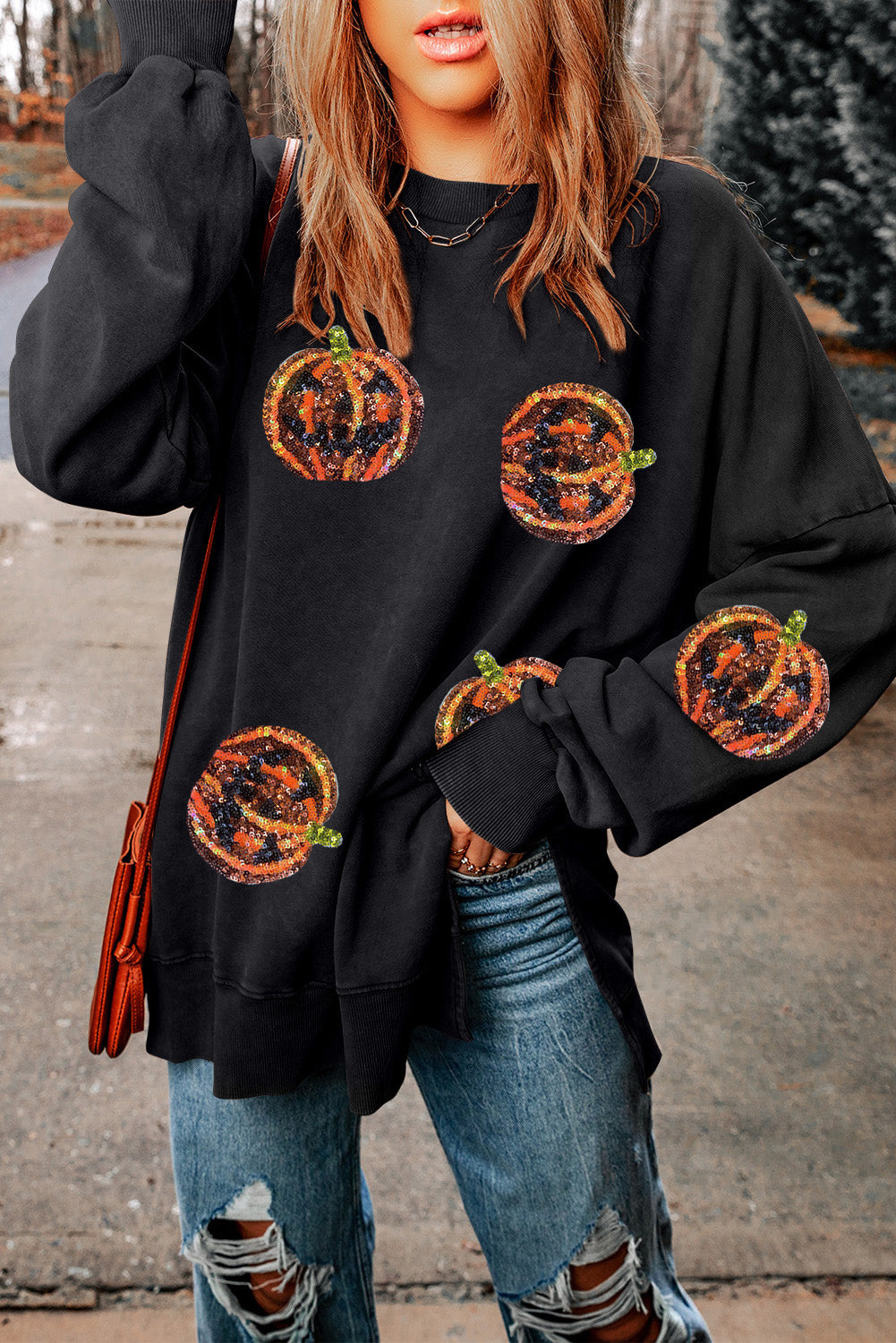 Pumpkin Print Dropped Shoulder Sweatshirt NicholesGifts
