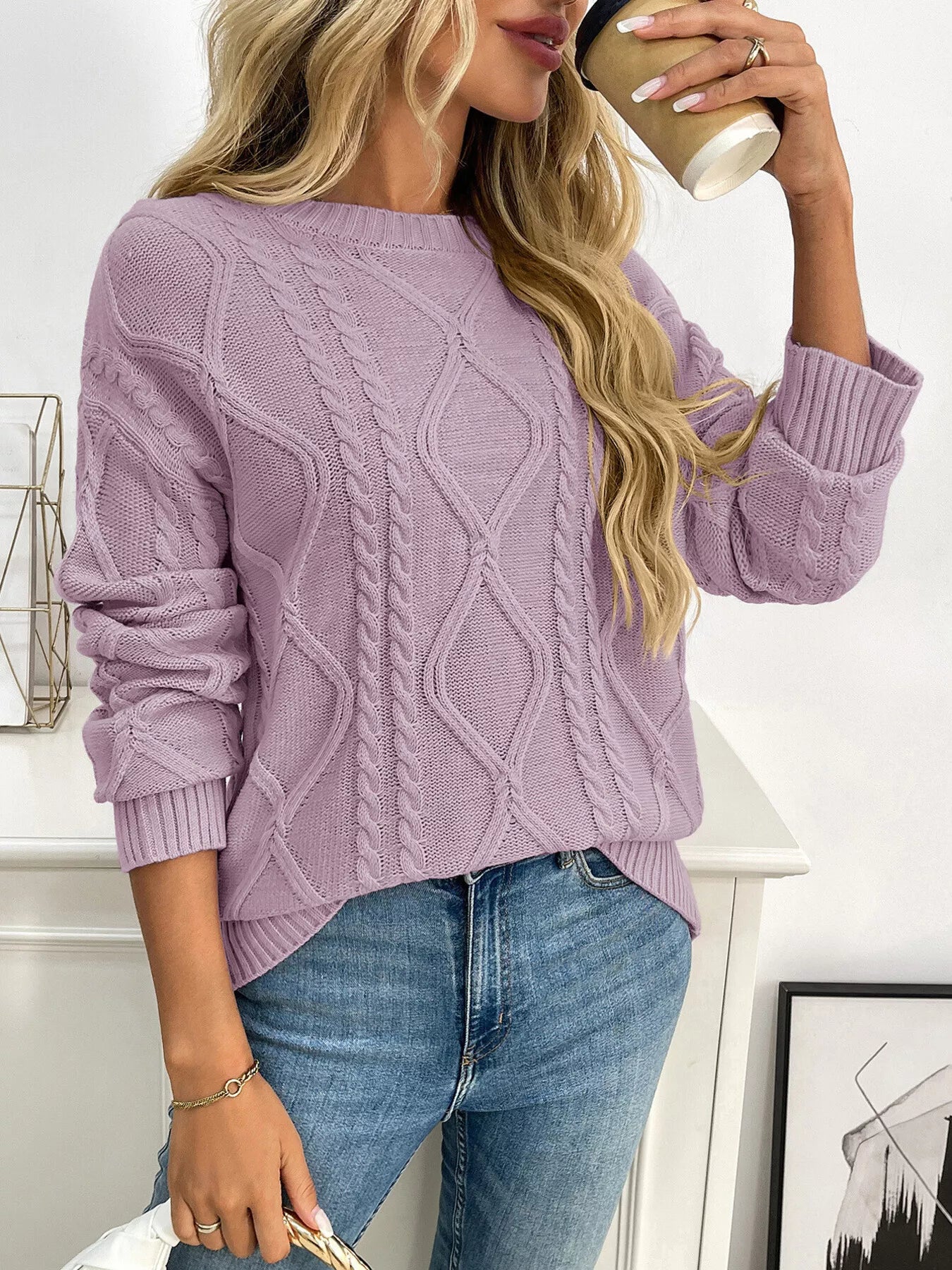 Cable Knit Round Neck Long Sleeve Sweater Trendsi