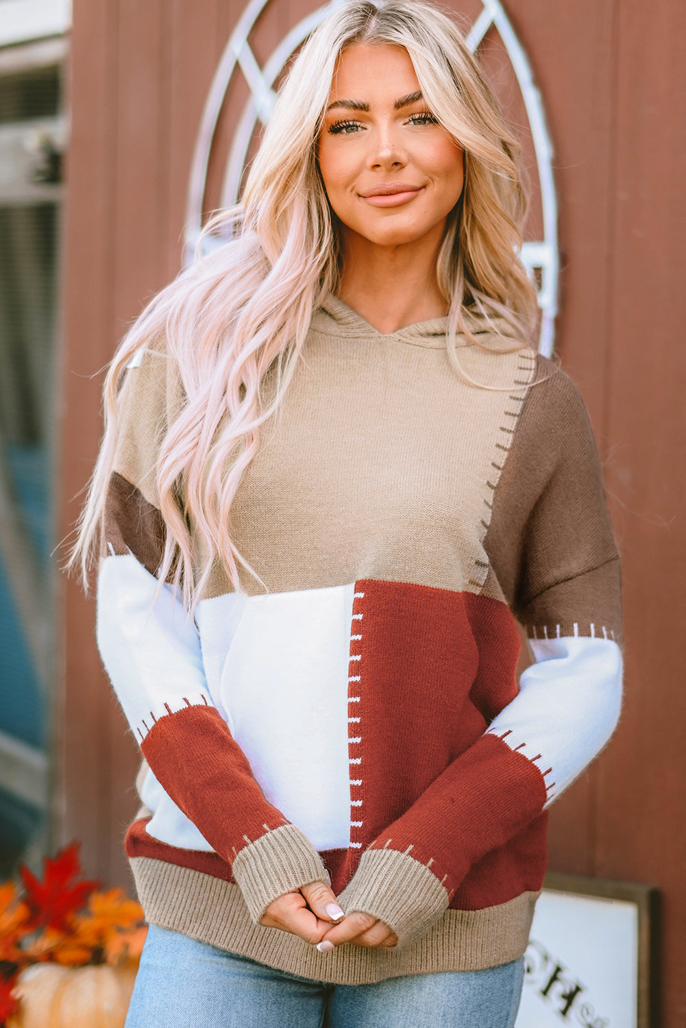 NicholesGifts Women Color Block Kangaroo Pocket Hooded Sweater NicholesGifts