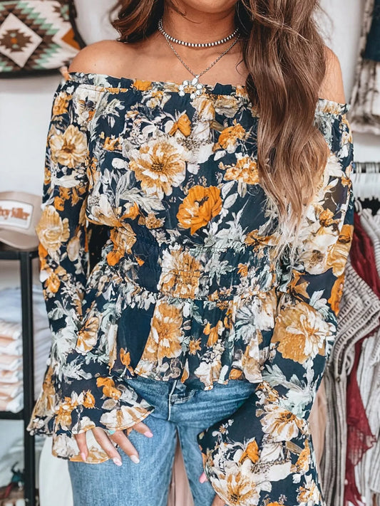 Floral Off Shoulder Bell Sleeve Smocked Peplum Top Trendsi