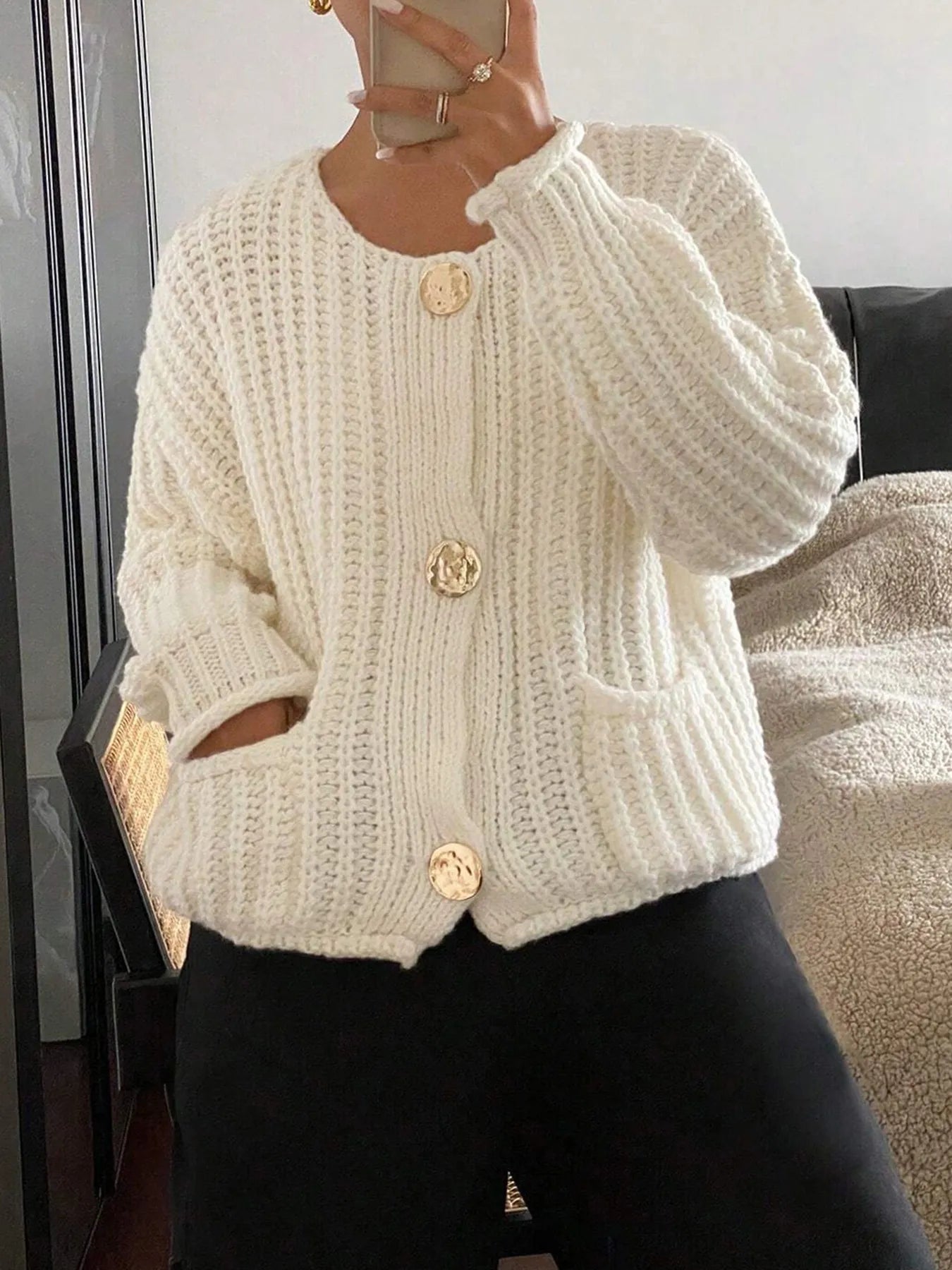 Button-Front Knit Cardigan with Pockets