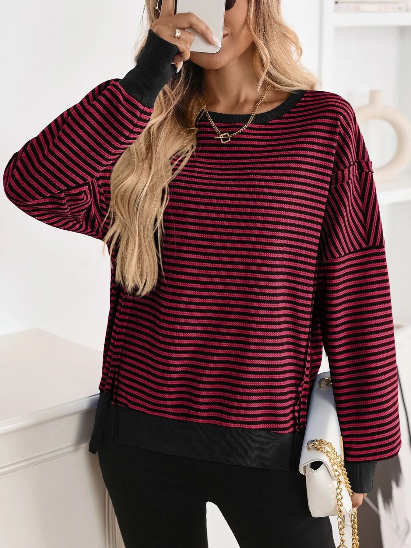 Exposed Seam Striped Contrast Sweatshirt
