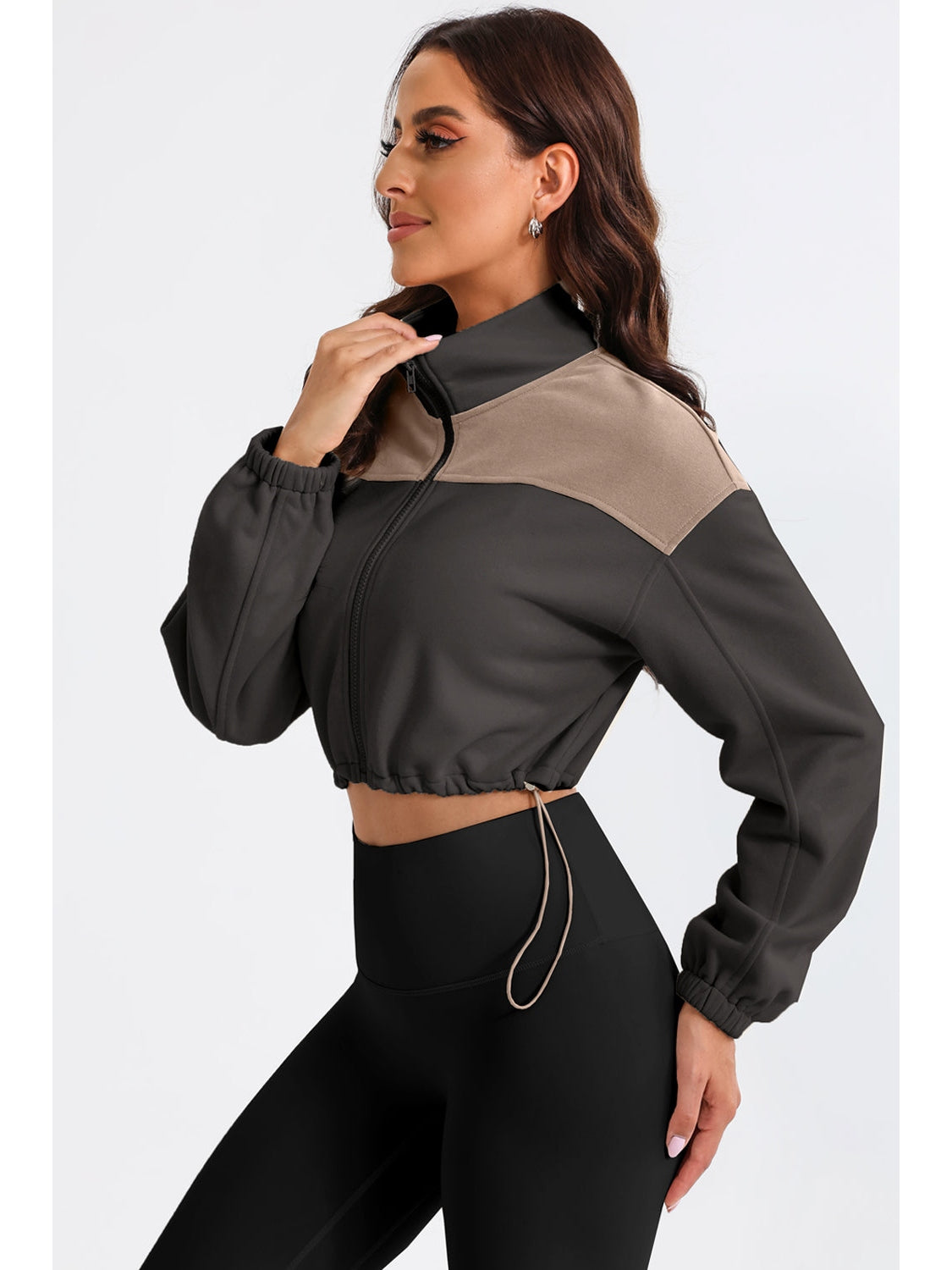 NicholesGifts Women Contrast Drawstring Zip Up Jacket NicholesGifts