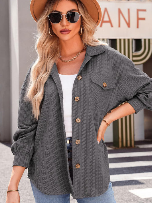 Textured Button Up Long Sleeve Shacket NicholesGifts